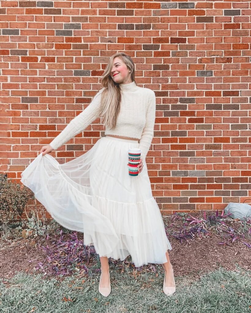 Flowing white tulle maxi skirt