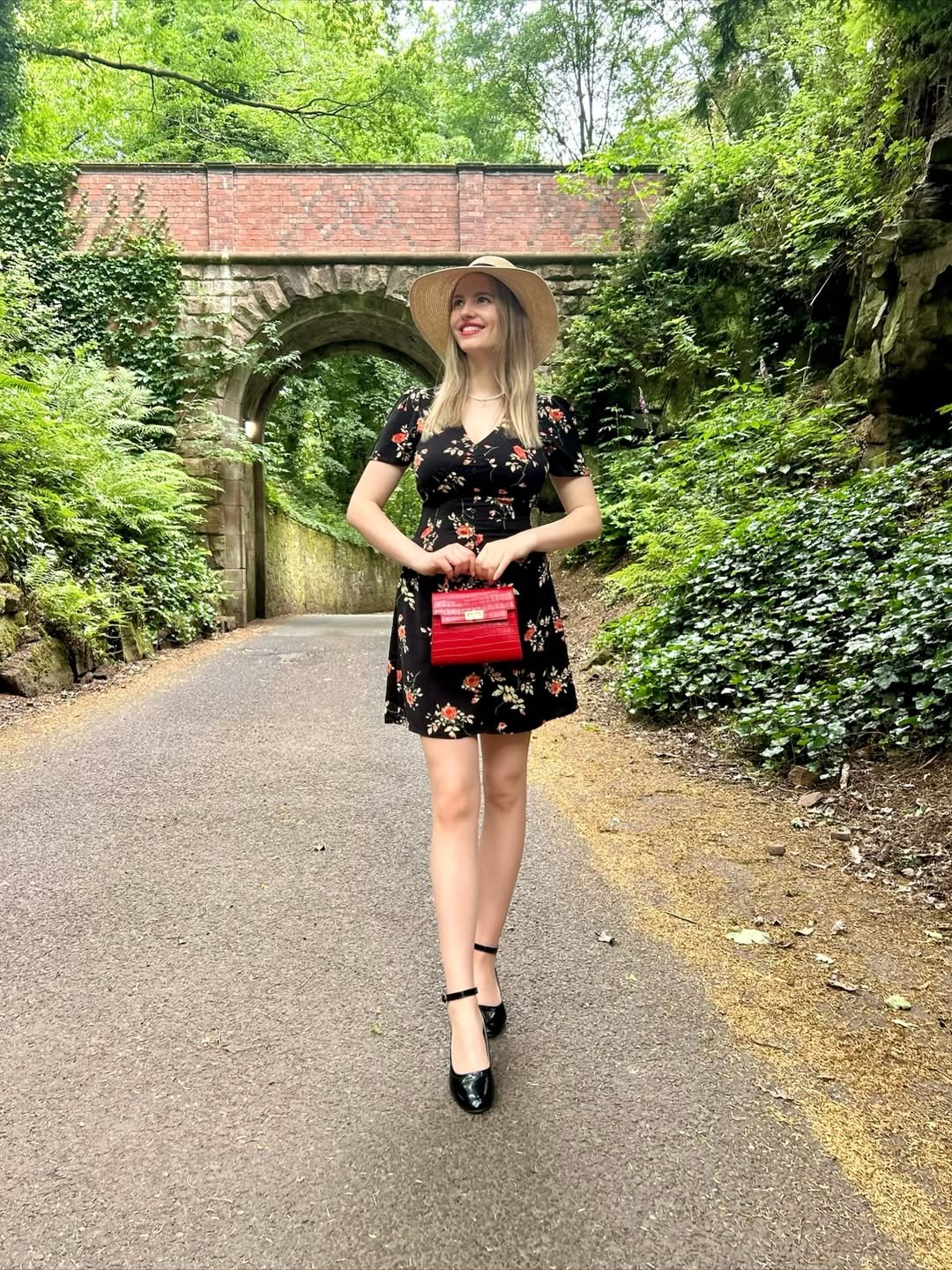 Floral Dress & Red Bag