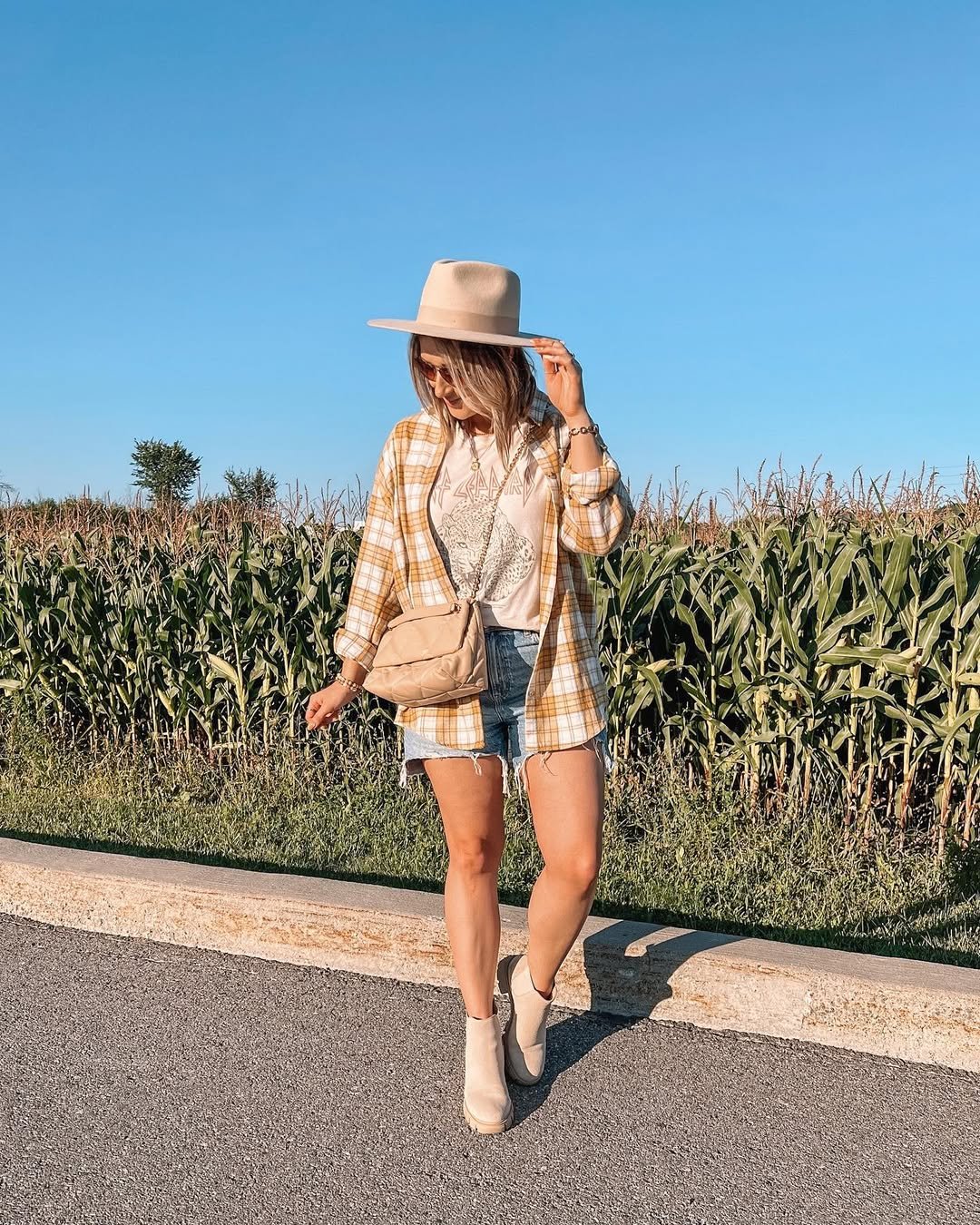   Plaid Shirt & Denim Shorts 