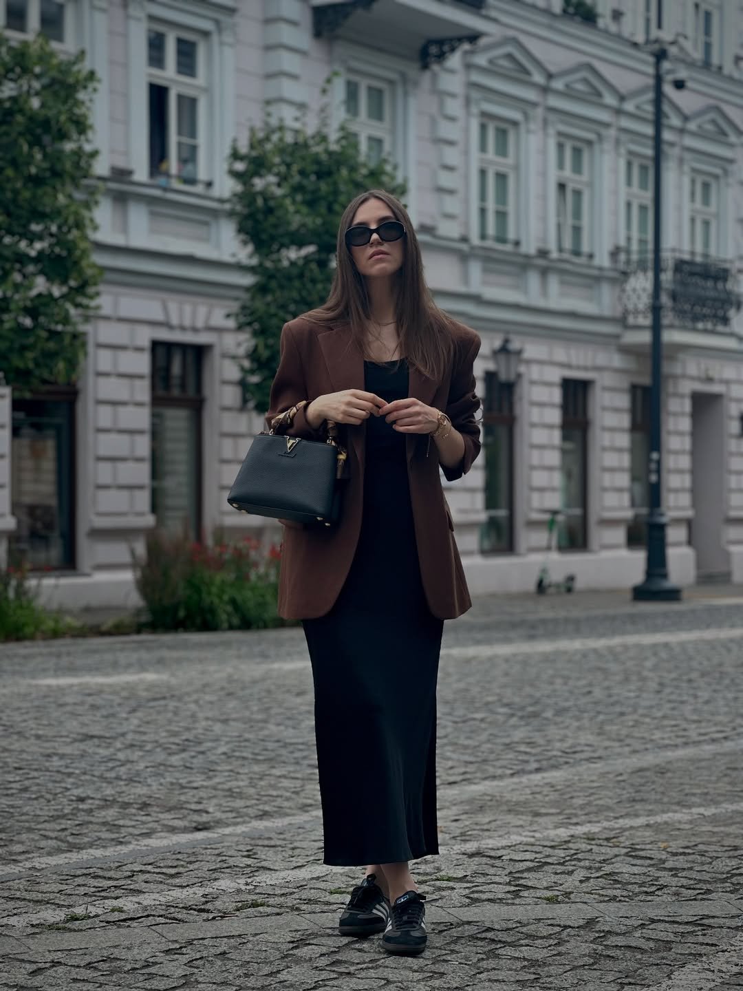 Brown Blazer & Black Maxi