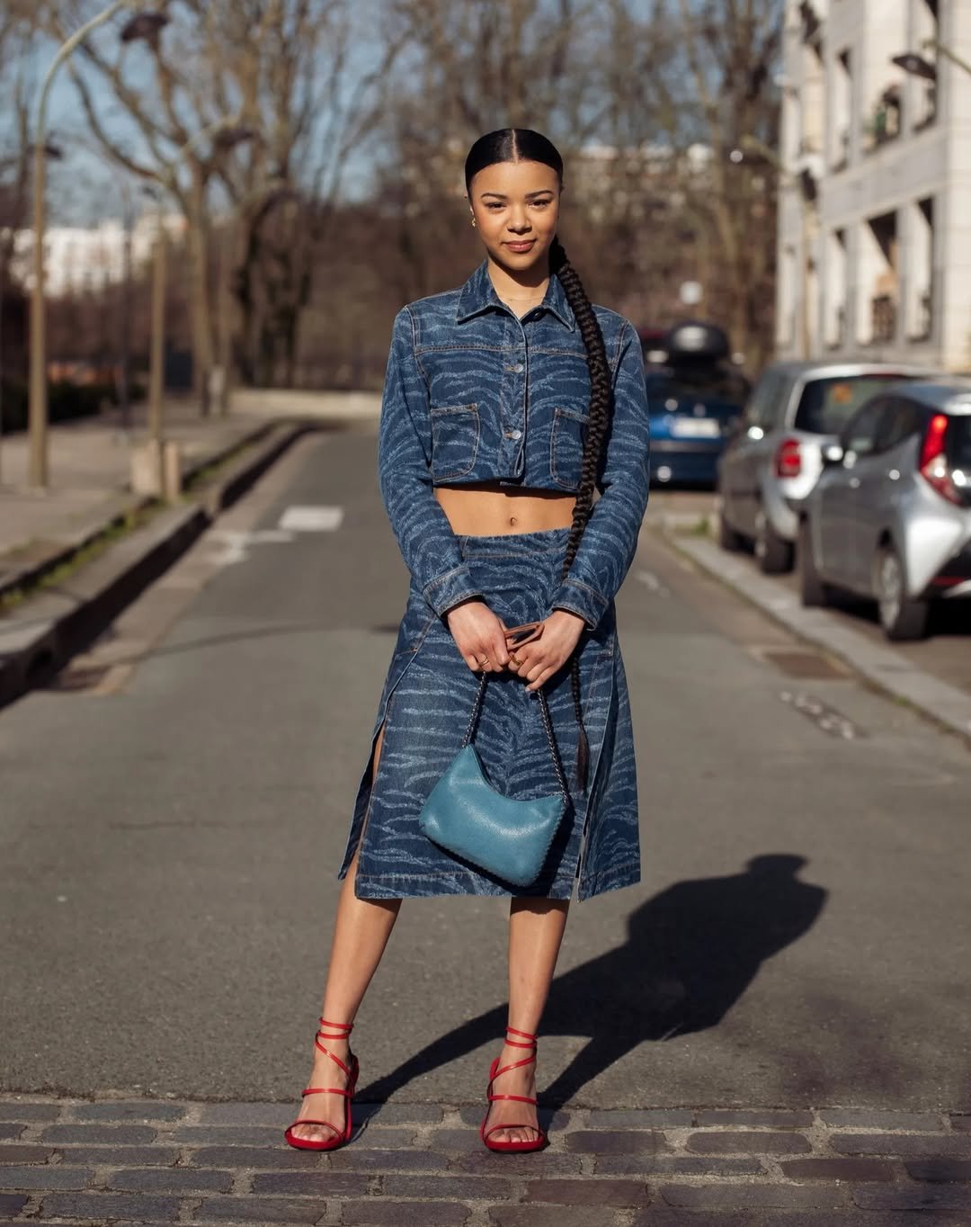 Denim Co-ord & Red Sandals 