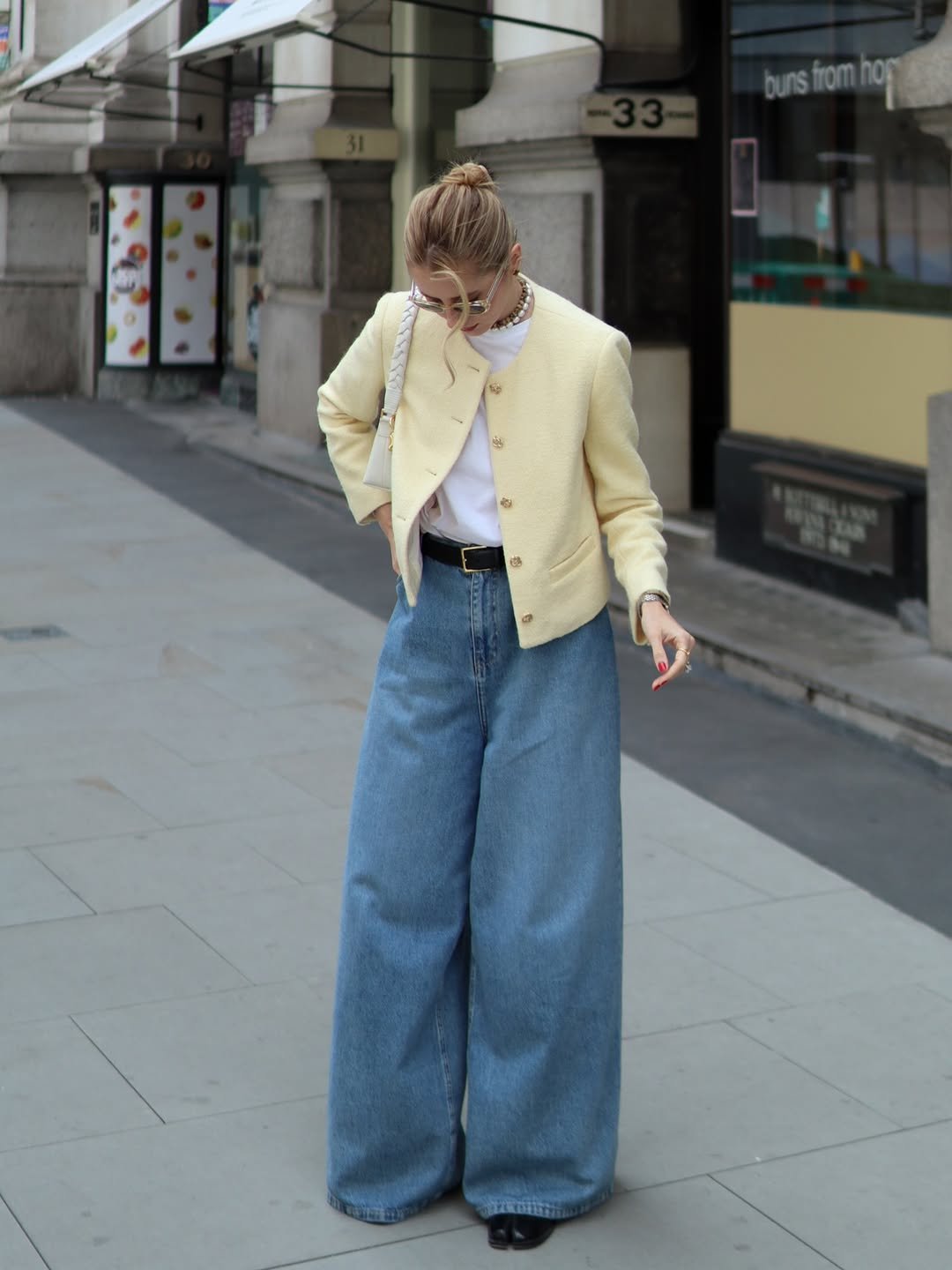 Wide-Leg Denim & Pastel Jacket 